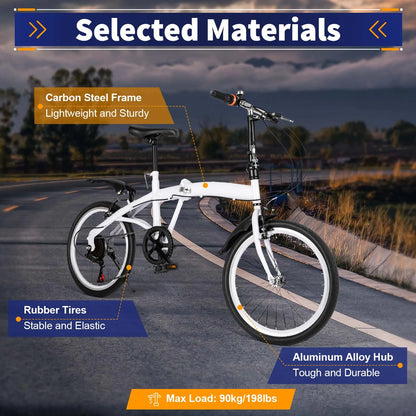 Vouwfiets Kinderfiets – Inklapbare Fiets – Stevige Fiets – Verstelbare Kinderfiets – 6 Versnellingen – Robuust Stalen Frame - Wit