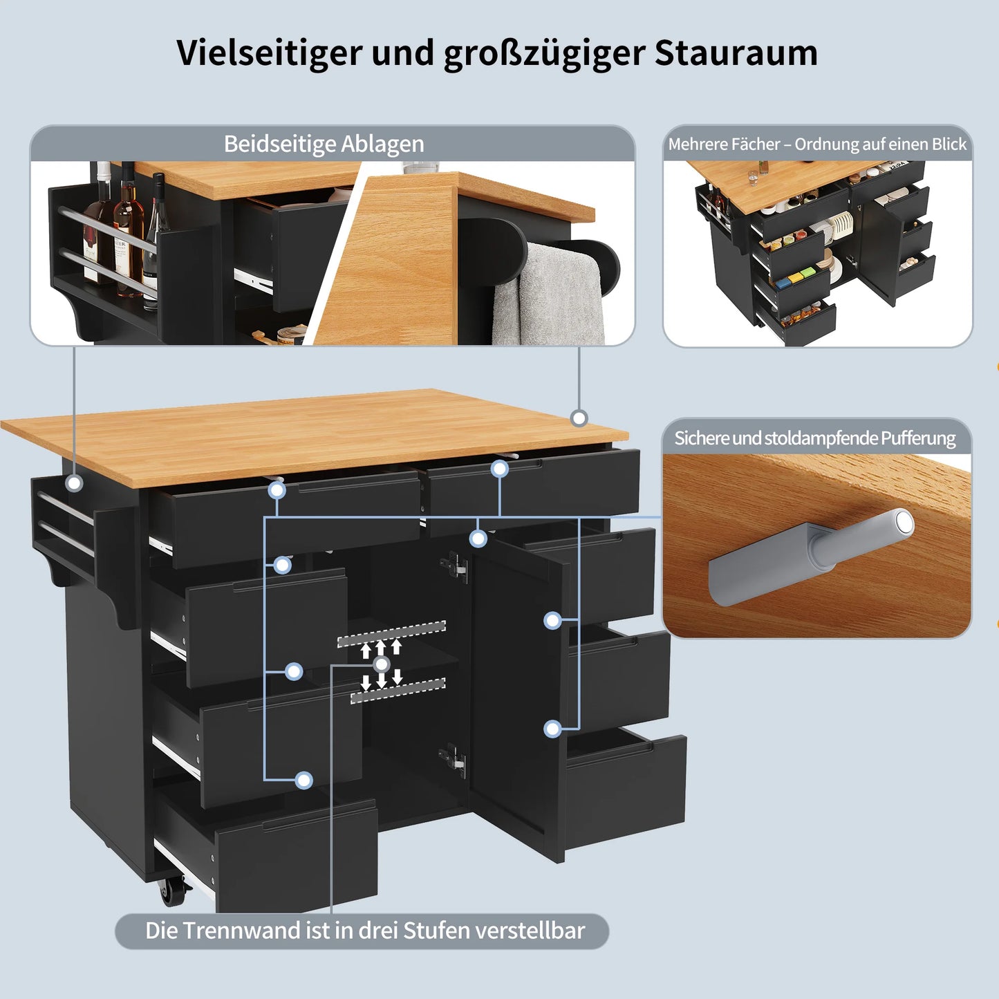 Uitklapbare Tafel – Keukentafel – Werkbank – Werktafel – Mobiele Werktafel – 8 Lades – Verstelbare Plank – 60 Kg Draagvermogen - 122 × 74.5 × 91.5 cm - Zwart