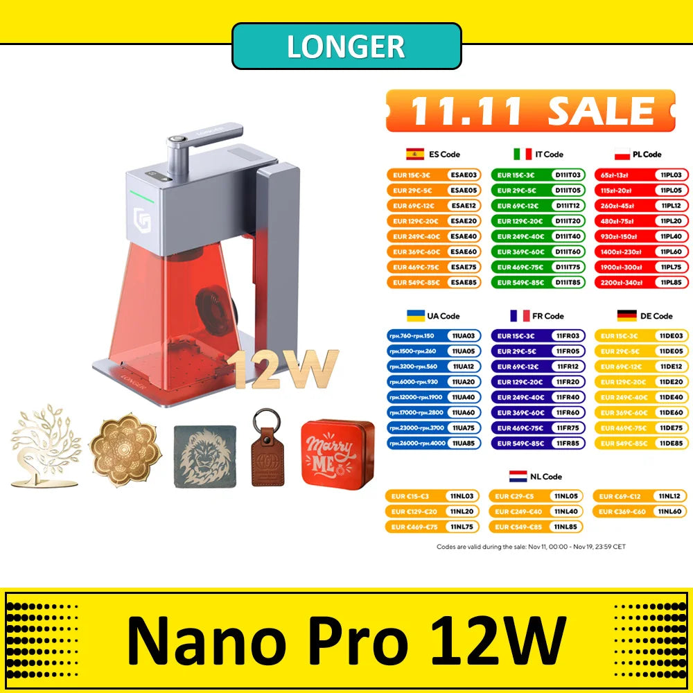 LONGER Nano Pro 12W Portable Laser Engraver, Two Diode Lasers with FAC, 5000mm/s Ultra-Fast Speed, 0.02mm Precision with Field