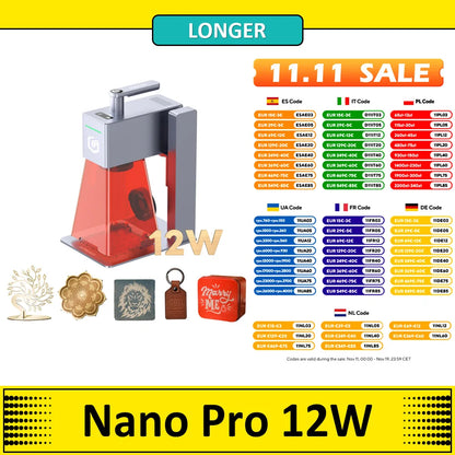LONGER Nano Pro 12W Portable Laser Engraver, Two Diode Lasers with FAC, 5000mm/s Ultra-Fast Speed, 0.02mm Precision with Field