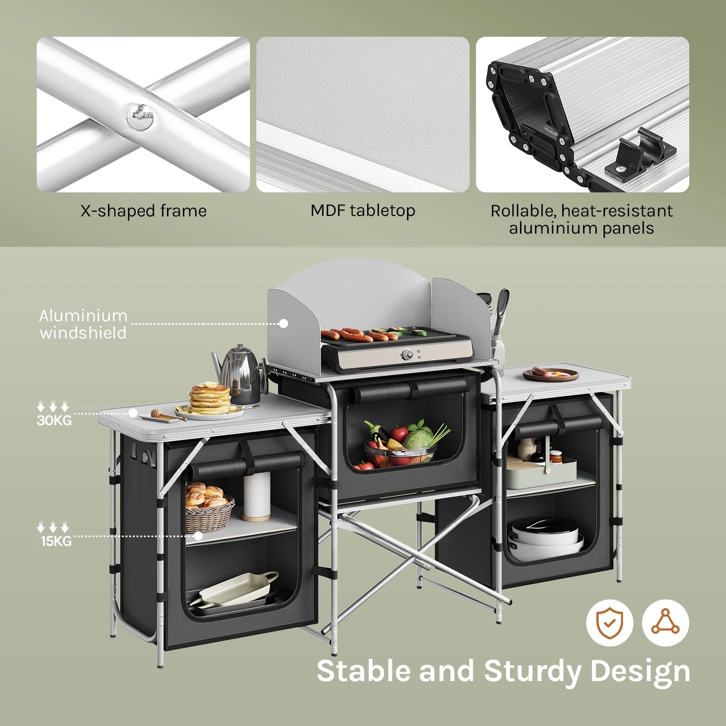 Campingkast - Campingkeuken - Campingkast Opvouwbaar - Kampeerkast - met Werkbladen - Aluminium Reiskeuken - Met Opbergruimte en Draagtas - voor Buiten, Tuin en BBQ – Donkergrijs