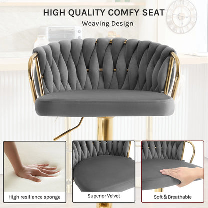WOLTU 2PCS Velvet Bar Stool Height Adjustable Bar Chair with Braided Backrest 360° Rotatable Kitchen Stool with Metal Footrest
