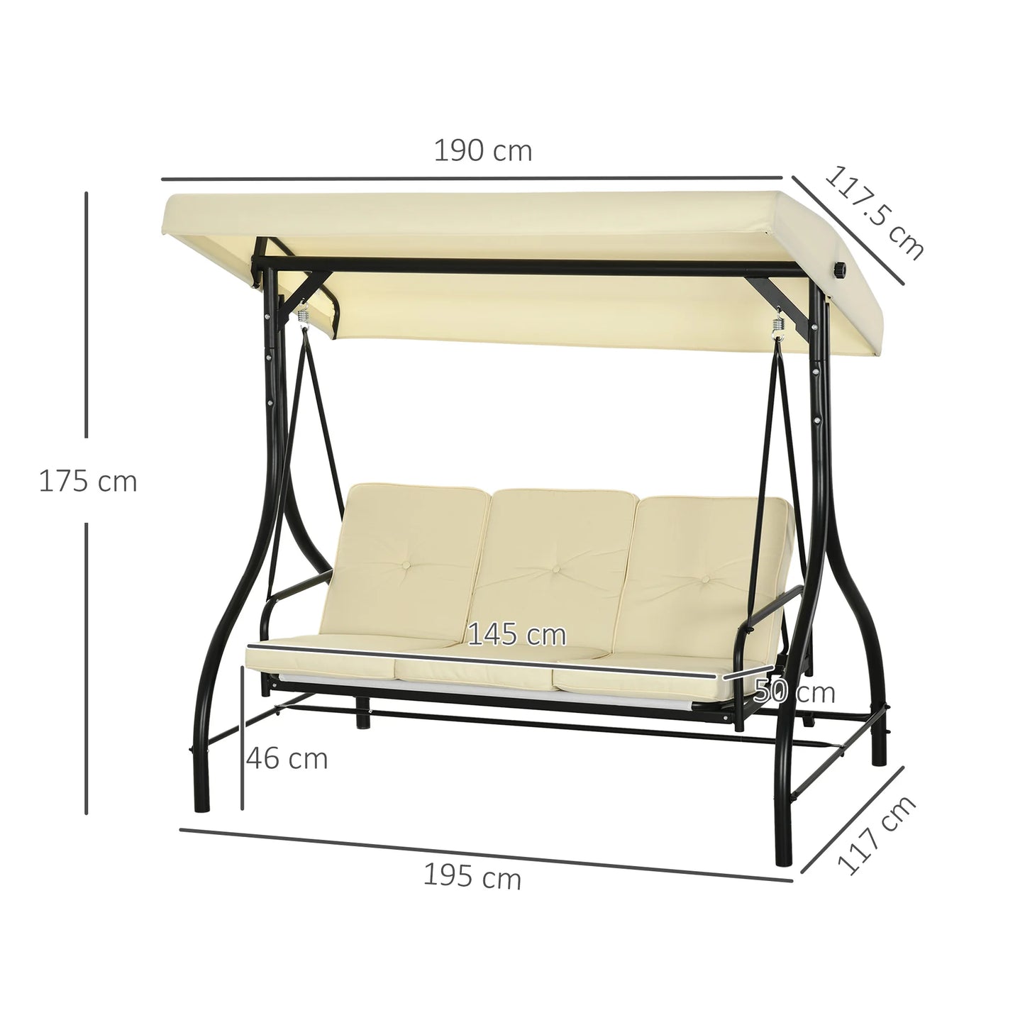 2-In-1 Tuin Schommel – 3-Zits Schommelbank – Loungestoel – Dagbed – Verstelbare Canopy – Robuust Stalen Frame – Weerbestendig Polyester