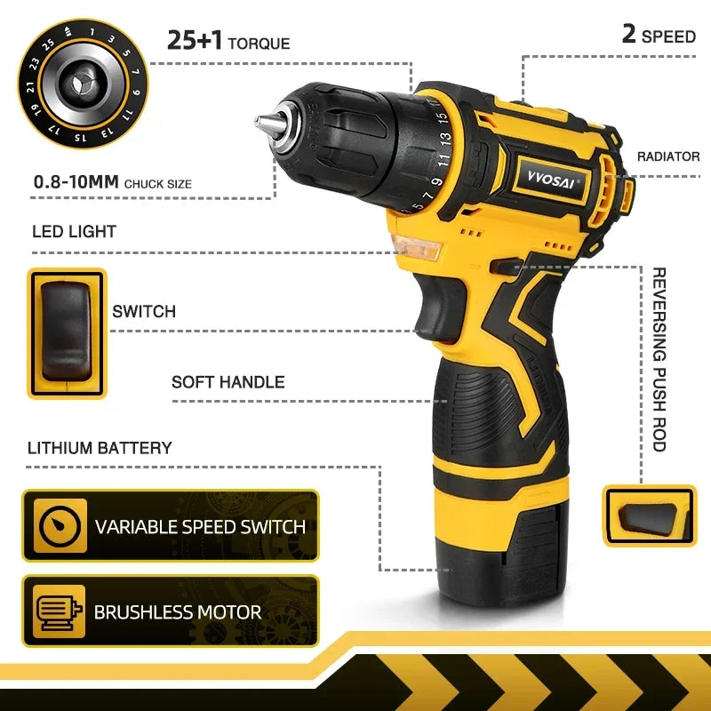 VVOSAI 16V MAX Brushless Cordless Drill 32N.m Electric Screwdriver 25+1 Torque Settings 2-Speeds MT-Series Power Tools - QUORE