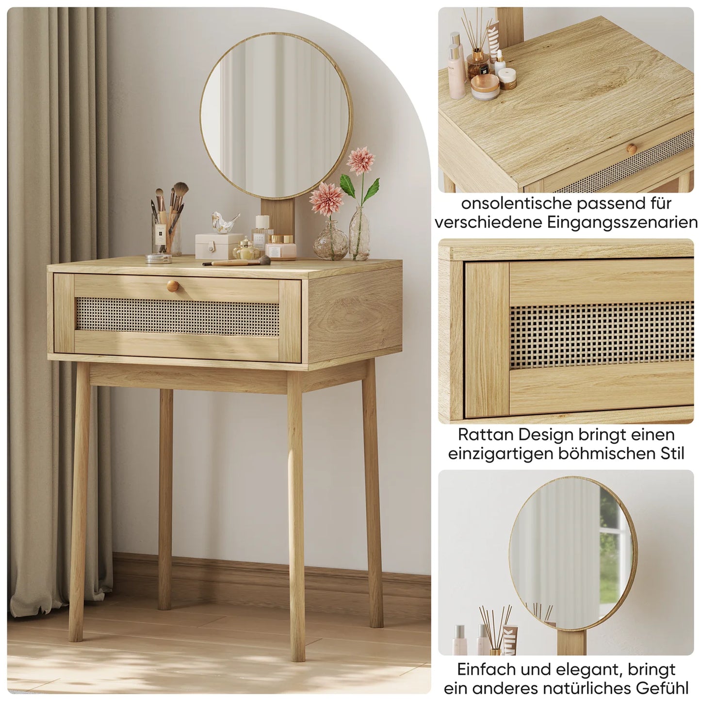 Rattan Makeup Table With Mirror, Makeup Table With Drawer Suit For Small Spaces, For Bedroom, Office, Without Chair, Wood Color