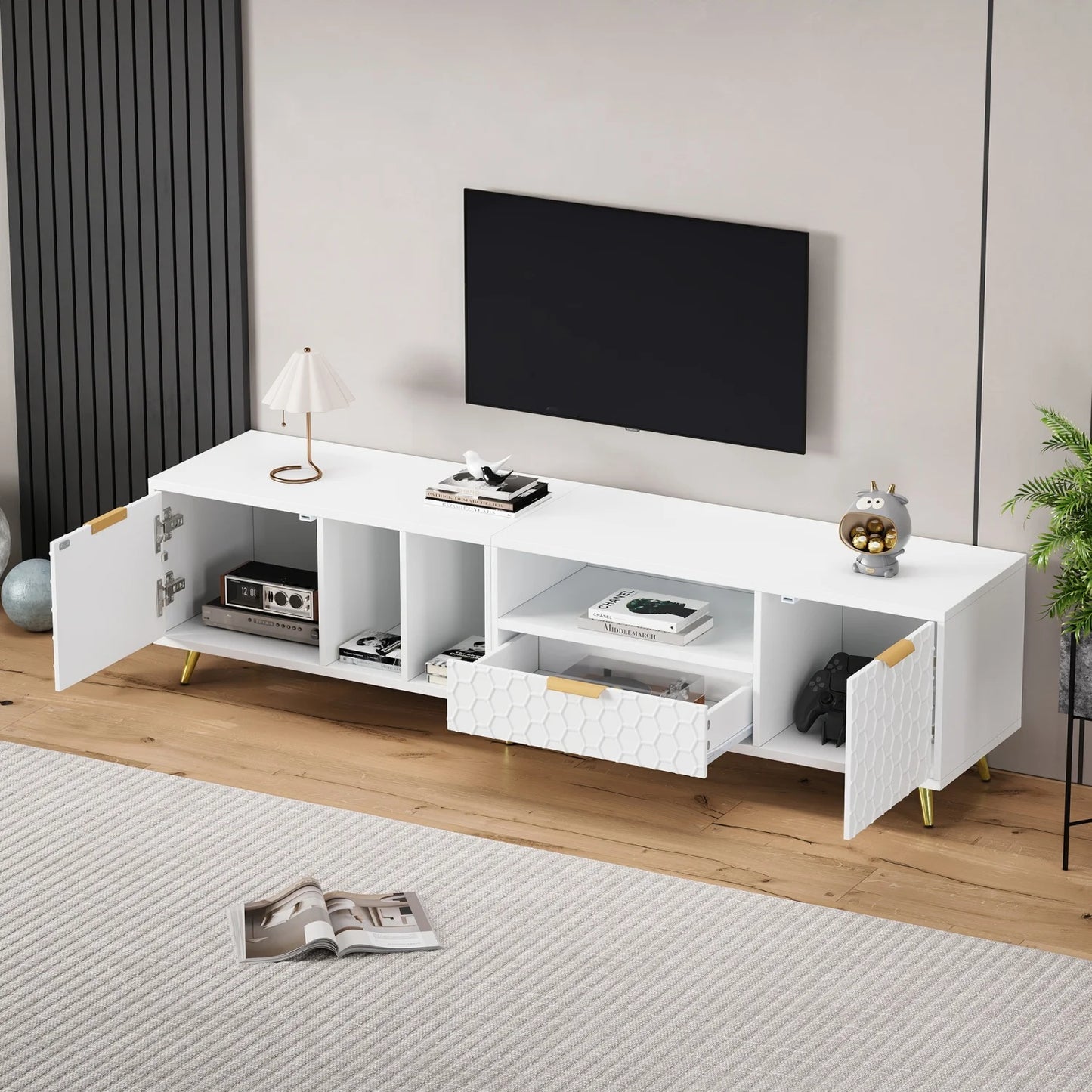 TV-meubel – Tv-kast – Entertainmentmeubel – Lowboard – Tv-standaard – Hoogglans Wit – Grote Opbergruimte – Geschikt Voor Televisies Tot 80 Inch