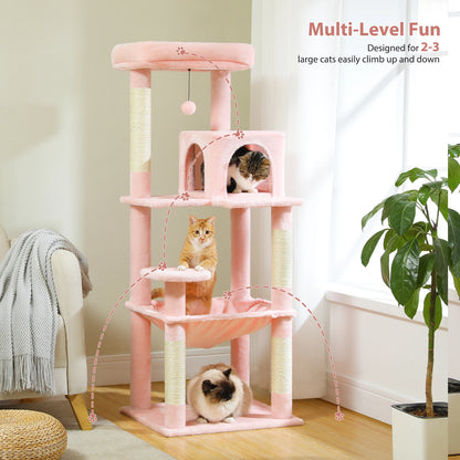 Kattenboom - voor Binnenkatten – Krabpaal - Multi-Level - met Grote Hangmat - Sisal Krabpalen - Kattenhuisje en Topplateau – Kattenmeubel - Arbre a Chat -143cm Hoog - Roze