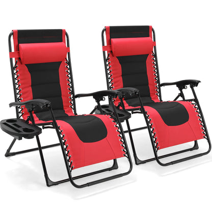 Gevoerde Opvouwbare Loungestoel - Tuinstoel - Ligstoelen Buiten - Tuinstoelen - 160kg Draagvermogen - Verstelbare Hoofdsteun & Bekerhouder - Set van 2 - Grijs