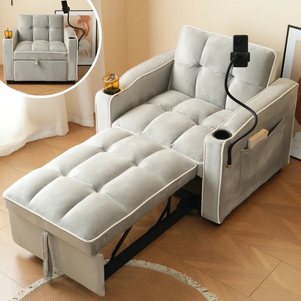 Slaapbank – Slaapstoel – 3-in-1 Bank – Loungebank – Uitschuifbaar Bed – Compact Formaat – Zachte Fluwelen Bekleding