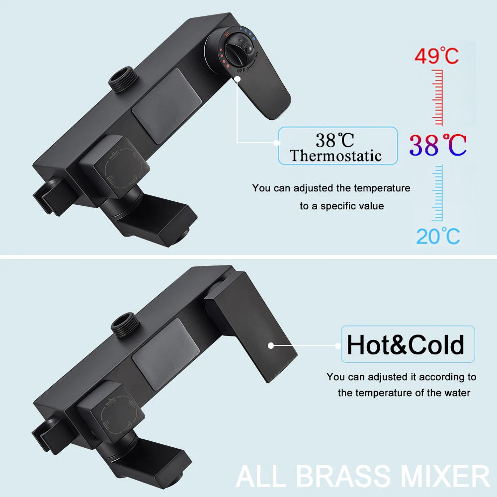 Douche - Regendouche - Douchewand - Douchekolom - Douchepanelen - Mat Zwarte Thermostatische Regendouche Set – Badkraan met Opbergrek & Verstelbare Hoogte - Zwart