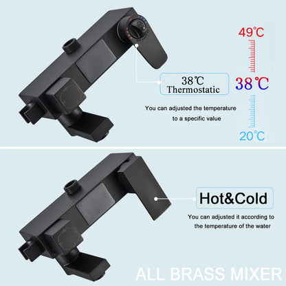Douche - Regendouche - Douchewand - Douchekolom - Douchepanelen - Mat Zwarte Thermostatische Regendouche Set – Badkraan met Opbergrek & Verstelbare Hoogte - Zwart