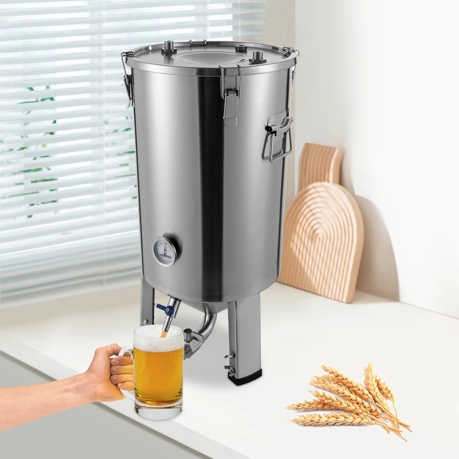 Roestvrijstalen Fermentatietank – Brouw- En Bewaartank – Gistingstank – Bier- En Wijntank – 7 Liter Inhoud – Ingebouwde Thermometer - QUORE