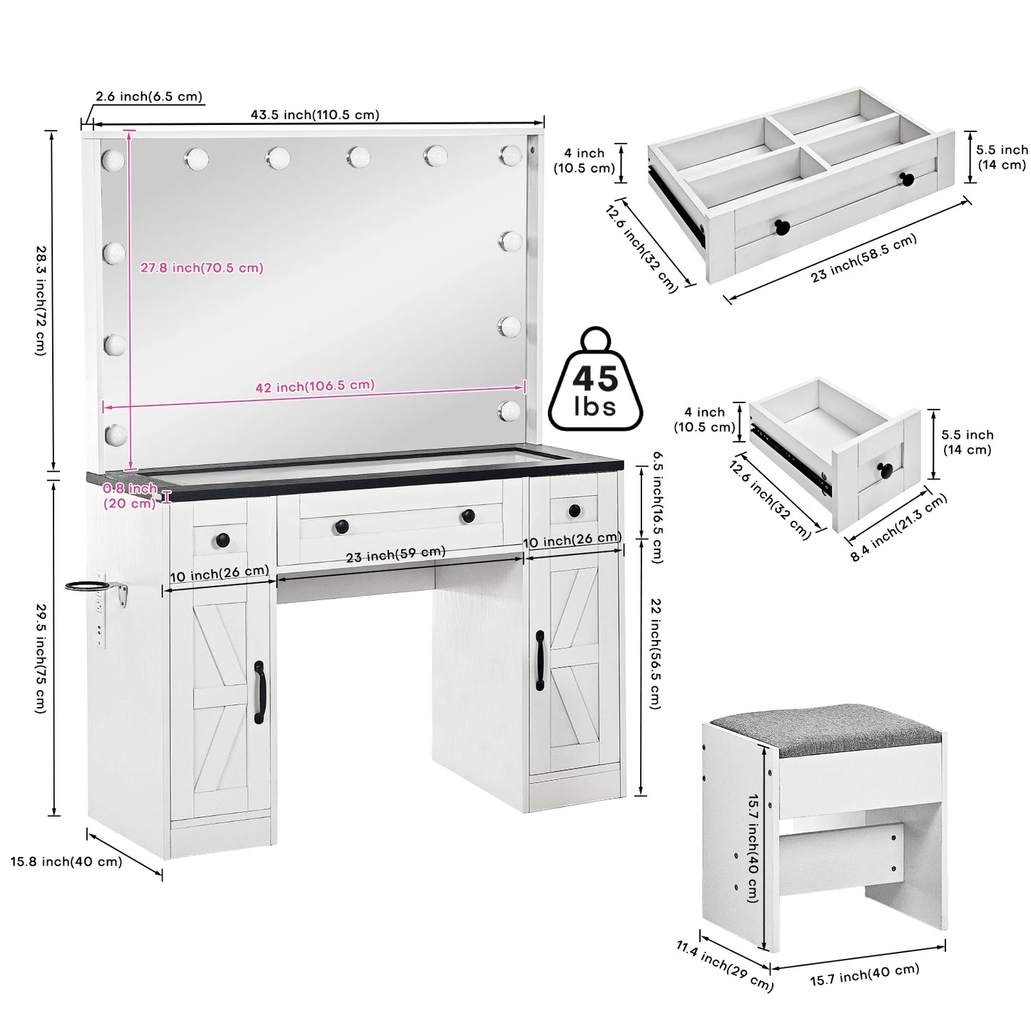 Make-Up Tafel – Make-Up Bureau – Dressing Tafel – Visagie Tafel – Verlichte Spiegel – Ruime Opbergruimte – Inclusief Comfortabele Kruk