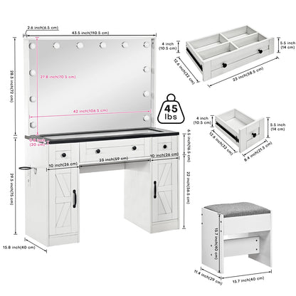 Make-Up Tafel – Make-Up Bureau – Dressing Tafel – Visagie Tafel – Verlichte Spiegel – Ruime Opbergruimte – Inclusief Comfortabele Kruk