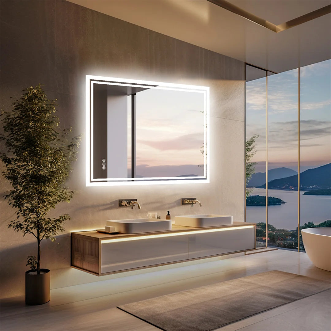 Badkamerspiegel - met Licht - Wandspiegel - Montage - Frameloze - 70x90cm - Anti-condens - met Licht Achtergrondverlichting - Aanraaksensor - Dimbaar Ontwaseming - voor Badkamer - Toilet - Douche - Make-up en Scheren