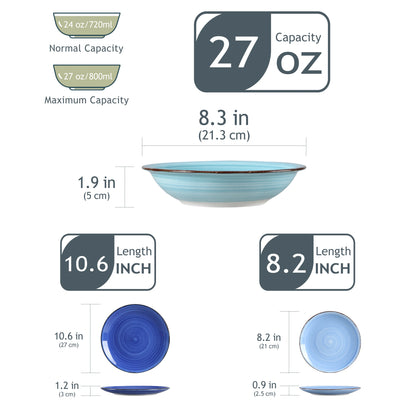 Servies - Servies set - 18 Stuk Van Borden - Soep Platen - Dessert Platen - Aardewerk Service voor 12 persoons - Bonita Blauw
