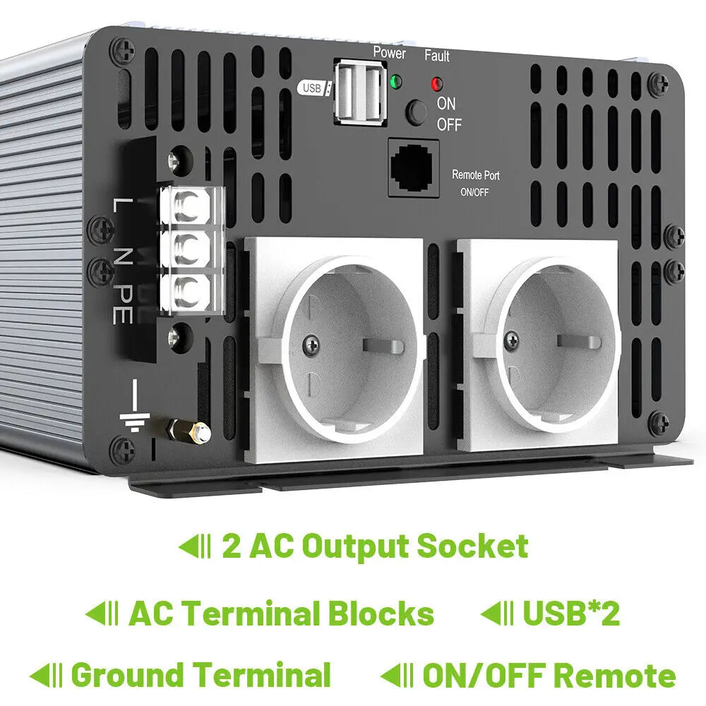 Omvormer – Spanningsomvormer – Inverter – Stroomomvormer – Converter – 4000W Continu Vermogen – Zuivere Sinusgolf Met Dual USB & Afstandsbediening - QUORE