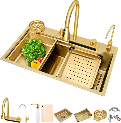 Spoelbak – Gootsteen – Keukenspoelbak – Wasbak – Enkele Spoelbak – 304 Roestvrij Staal – Waterval Afvoersysteem – 68x45cm – Gouden Afwerking