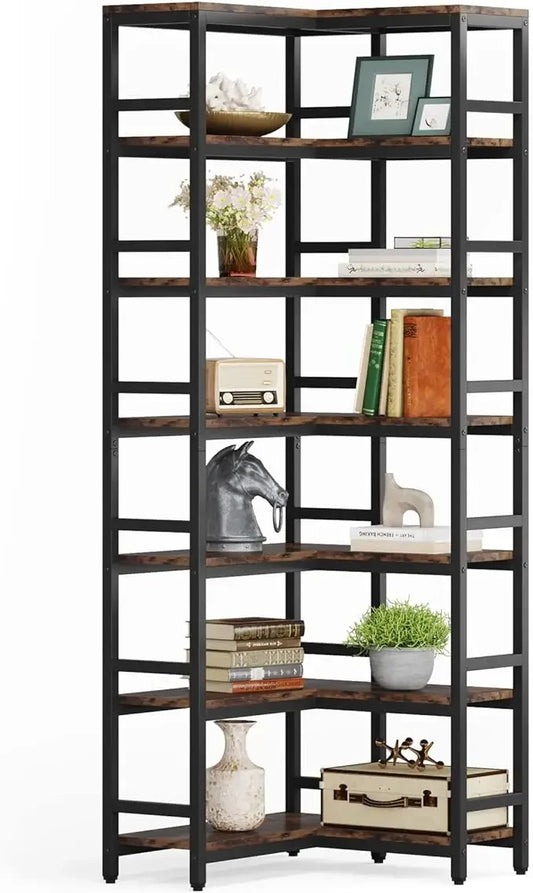 Hoekkast - Boekenkast - Hoekrek - Woonkamer - Slaapkamer - 78.74” - 7-Tier Hoog Ontwerp - L-vormige Ruimtebesparende Planken – Stevig Metalen Frame & MDF - Industriële Hoekboekenkast - Chocolade