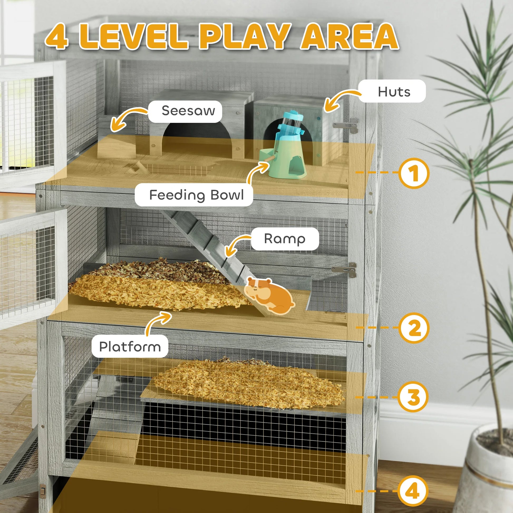 Hamsterkooi – Knaagdierkooi – Houten Kooi – Kleine Dieren Kooi – Vier Verdiepingen – Zandbak 9,5 Cm – Wieltjes Met Remmen - 65 x 45 x 109 cm - Grijs - QUORE