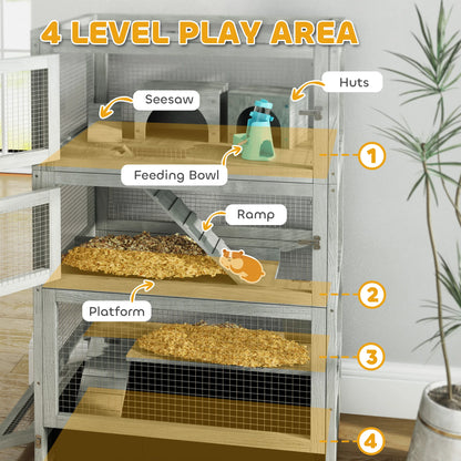 Hamsterkooi – Knaagdierkooi – Houten Kooi – Kleine Dieren Kooi – Vier Verdiepingen – Zandbak 9,5 Cm – Wieltjes Met Remmen - 65 x 45 x 109 cm - Grijs - QUORE