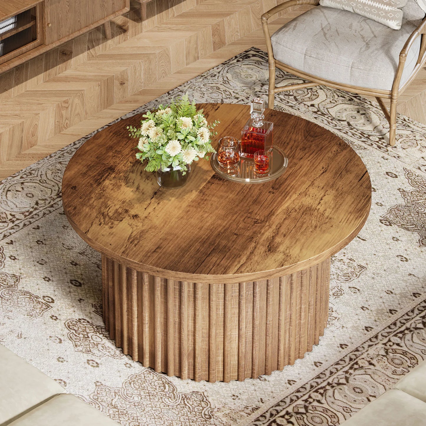 Ronde Salontafel – Bijzettafel – Koffietafel – Woonkamertafel – Houten Tafel – Warm Houtfineer – 80 cm Diameter – Geprofileerde Trommelvoet