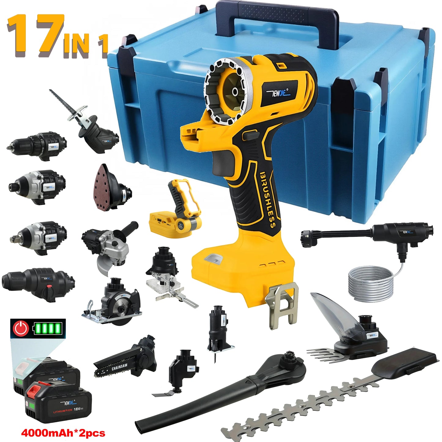 Professional 17-in-1 Brushless Power Tool Kit with 2×18V Lithium Battery Portable tool Case Cordless Power Tool Combo kit W/LED