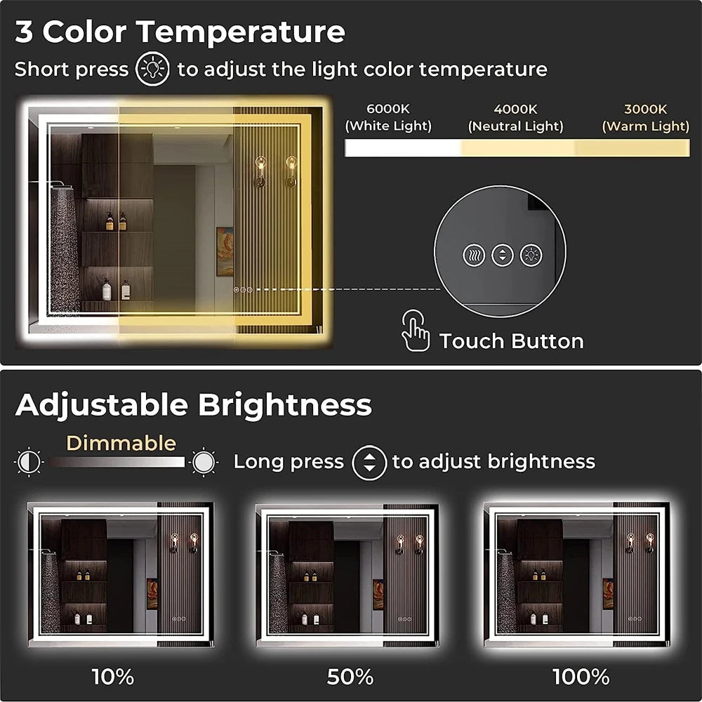 Verlichte Badkamerspiegel – LED Spiegel – Spiegel Met Licht – Anti Condens Spiegels – Touch Bediening – IP44 Waterdicht – Aluminium Frame