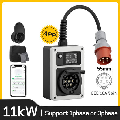 Mobile Wallbox – EV Oplader – Laadstation – Elektrische Autolader – Type 2 Stopcontact – 11kW Met App – Flexibel Laden – Ingebouwde Elektriciteitsmeter