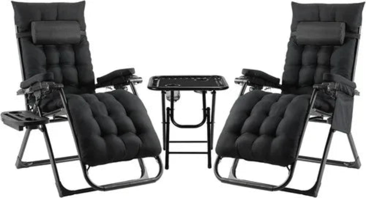 Ligbed – Zonnebed – Ligstoel – Tuinstoel – Loungestoel – Verstelbare Rugleuning 90-160° – Inclusief Kussen & Bekerhouder - Zwart - QUORE