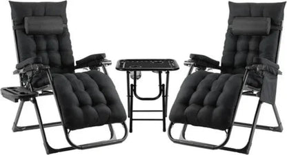 Ligbed – Zonnebed – Ligstoel – Tuinstoel – Loungestoel – Verstelbare Rugleuning 90-160° – Inclusief Kussen & Bekerhouder - Zwart - QUORE