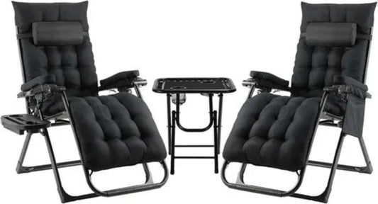 Ligbed – Zonnebed – Ligstoel – Tuinstoel – Loungestoel – Verstelbare Rugleuning 90-160° – Inclusief Kussen & Bekerhouder - Zwart - QUORE