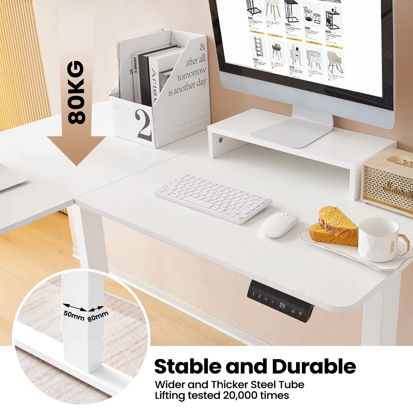 Elektrisch Sta-bureau - Hefbureau - Hoektafel - Monitorstandaard - L-vormig - Verstelbaar - met USB-oplaadpoort - 4 Geheugenregelaars - voor Thuiskantoor -  25 mm/s - 50dB - Wit
