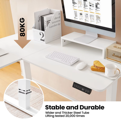 Elektrisch Sta-bureau - Hefbureau - Hoektafel - Monitorstandaard - L-vormig - Verstelbaar - met USB-oplaadpoort - 4 Geheugenregelaars - voor Thuiskantoor -  25 mm/s - 50dB - Wit
