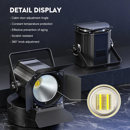 200W LED COB Par Light – LED Podiumverlichting – DJ Licht – RGBWA UV Spot – DMX512 Verlichting – EU Plug – Verstelbare 180° Barn Door – Intelligente Temperatuurcontrole