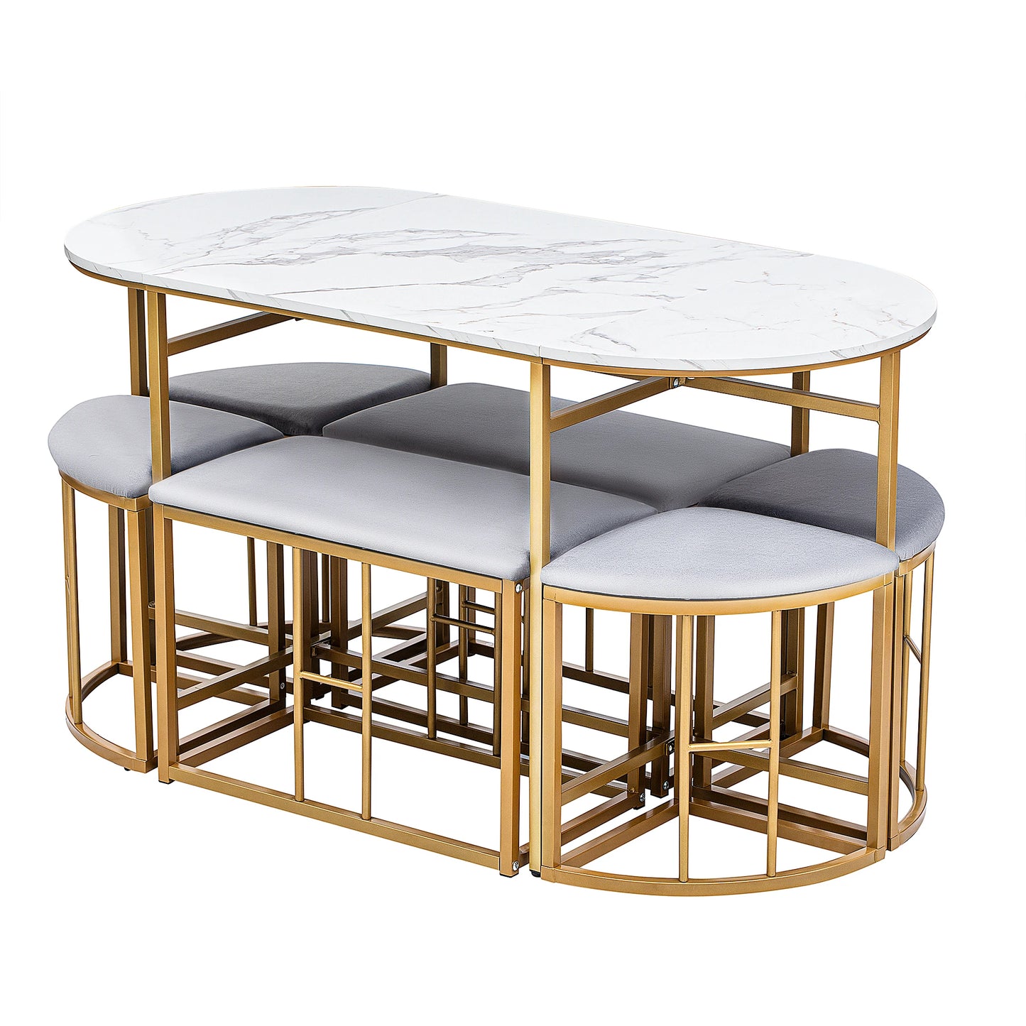 Eettafelset – Eettafel Met Krukjes – Eettafel Incl. Kruk – Moderne Eettafel – Marmerlook Tafelblad – Stevig MDF Frame - Goud