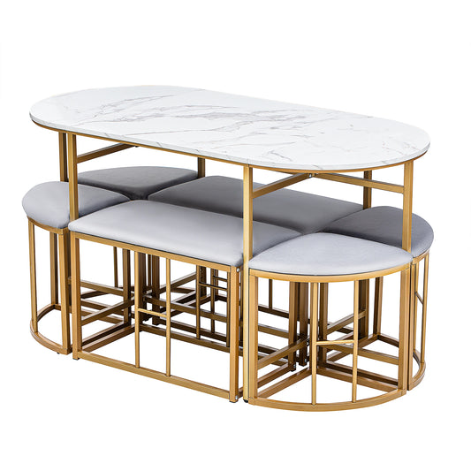 Eettafelset – Eettafel Met Krukjes – Eettafel Incl. Kruk – Moderne Eettafel – Marmerlook Tafelblad – Stevig MDF Frame - Goud