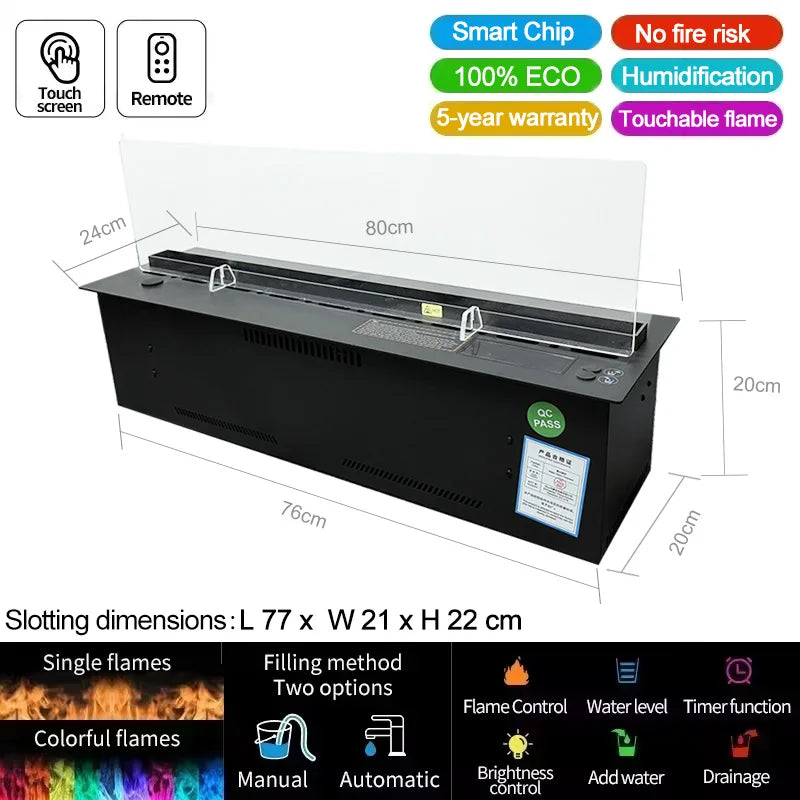 Waterdamp Open Haard – Sfeerverwarmer – Sfeerkachel – Elektrische Haard – Atomizer Haard – Automatische Wateraanvulling – Kleurrijke LED Vlammen – 800mm Inbouwvariant