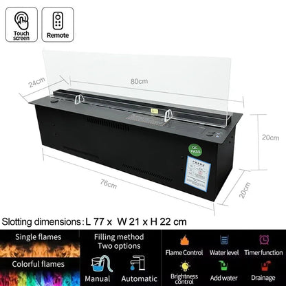 Waterverdamper – Inbouwhaard – Ultrasone Nevel – Luchtbevochtiger – Elektrische Haard – 800 mm – RVS Waterreservoir – Realistisch Led Vlammen Effect