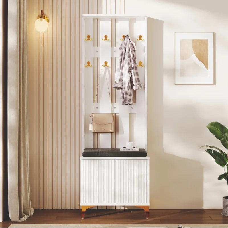 Kapstok – Wandkapstok – Jashaak – Schoenbank – Entreebank – Wit Met Gouden Accenten – Met Zachte Grijze Kussens – Compacte Afmetingen 60,5x180,5x35,2 cm - QUORE