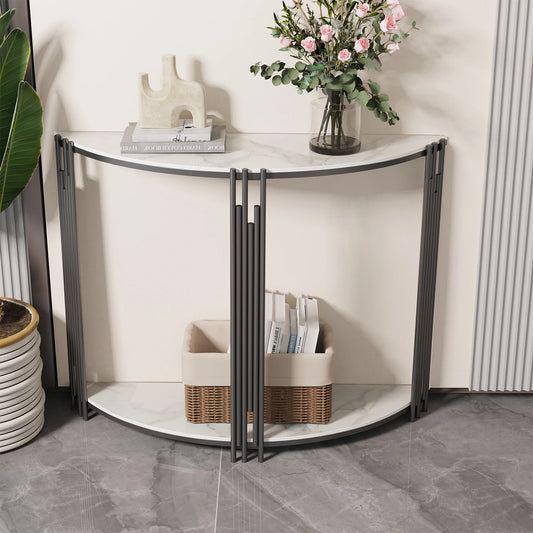 Tafel - Consoletafel - Halve Maan Console Tafel - Marmeren Ingangstafel - Moderne Stijl - Haltafel - Luxe Woonkamer Meubel - Stevige Metalen Basis - 100x78cm - Wit