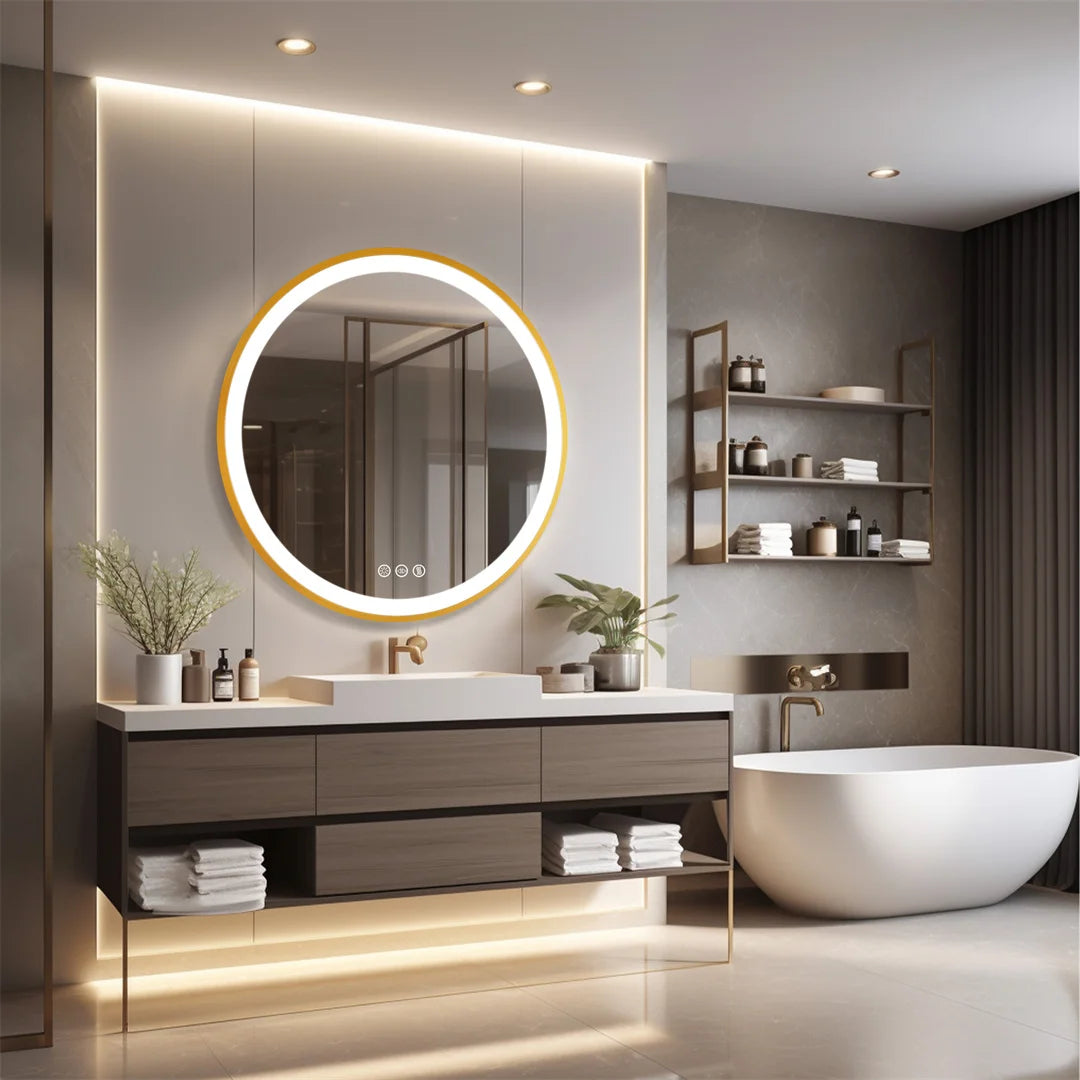 Ronde Badkamerspiegel – Spiegel Met Verlichting – Wandspiegel – Make-Up Spiegel – Led Spiegel – 60 CM – Gouden Aluminium Frame – 3-Kleurige Dimbare LED & Anti-Condensfunctie