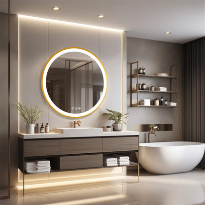 Ronde Badkamerspiegel – Spiegel Met Verlichting – Wandspiegel – Make-Up Spiegel – Led Spiegel – 60 CM – Gouden Aluminium Frame – 3-Kleurige Dimbare LED & Anti-Condensfunctie