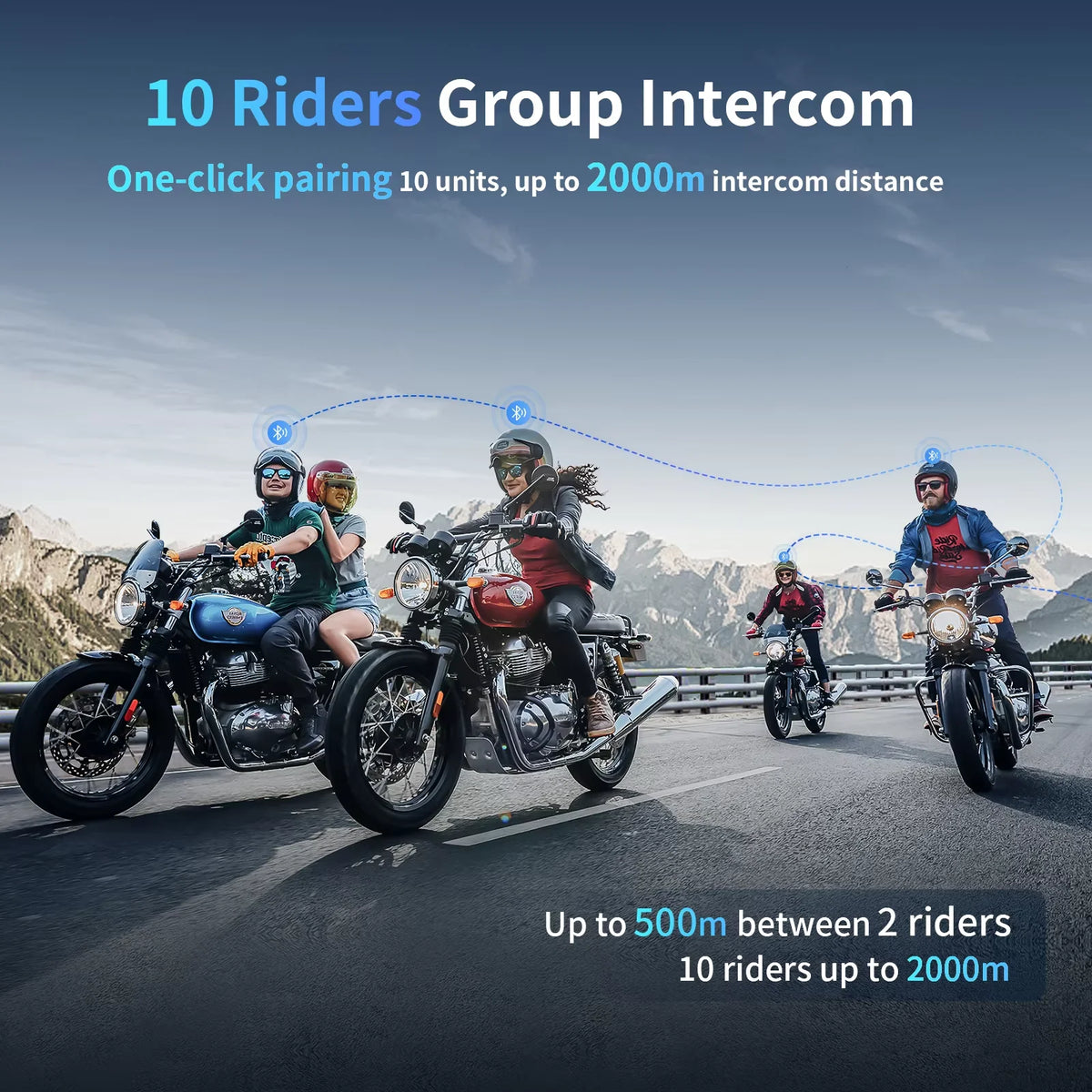 Motorfietsintercom - Helmintercom - MotorfietshelmHeadset - Bluetooth Helmintercom - Helm - Motorfietsaccessoires - 10 Riders - 2000M - QUORE