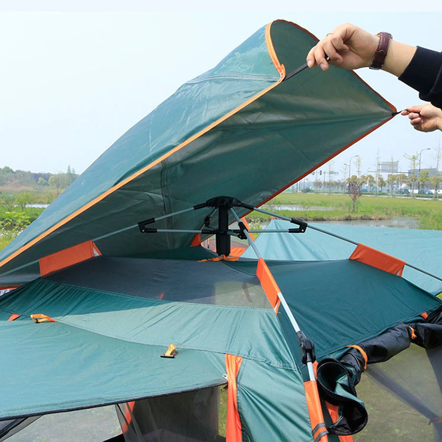 Waterdichte Kampeertent 3-4 Personen – Tent met Zonwering & Insectenhor – 2 Deuren voor Ventilatie – 215x215x142 cm –  Buitentent voor Camping - Festival of Tuin - Groene