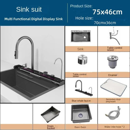 Spoelbak – Keukenspoelbak – Enkele Spoelbak – RVS Spoelbak – Spoelbak Met Kraan – 75x46 cm – 304 Roestvrij Staal – Digitale Watervalkraan Met Zeeppomp - QUORE