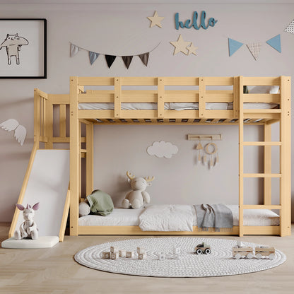 Kinderhoogslaper – Stapelbed – Hoogbed – Speelbed – Bed met Glijbaan – Wit – Ruimtebesparend Ontwerp – Stevig MDF en Grenen Hout
