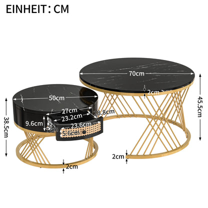 Salontafel – Koffietafel – Bijzettafel – Tafeltje – Tafelset – MDF Marmerlook Blad – Gouden Metalen Poten – 2-in-1 Set Met Lade – Afm. 70x70x45,5 & 50x50x38,5 cm