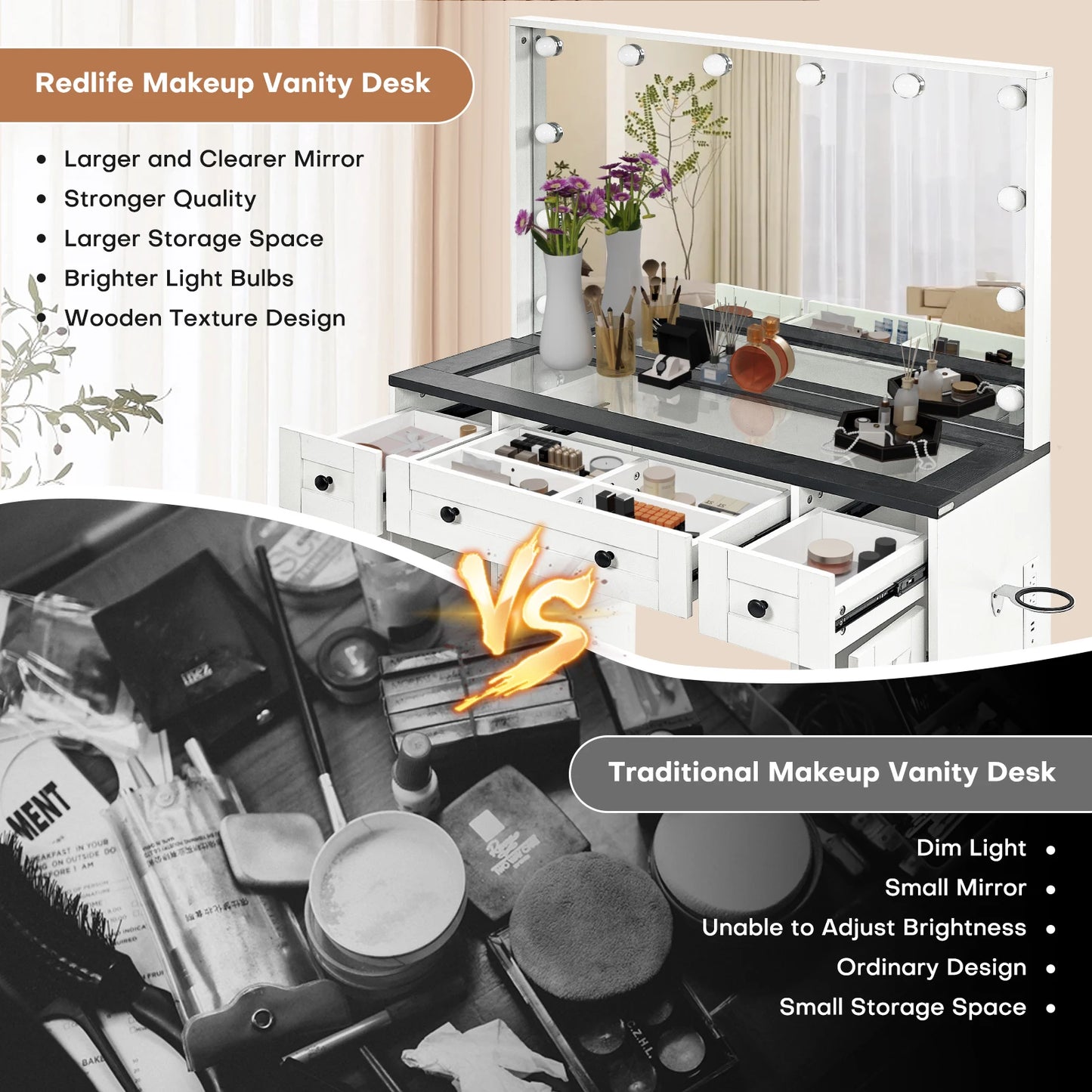Make-Up Tafel – Make-Up Bureau – Dressing Tafel – Visagie Tafel – Verlichte Spiegel – Ruime Opbergruimte – Inclusief Comfortabele Kruk