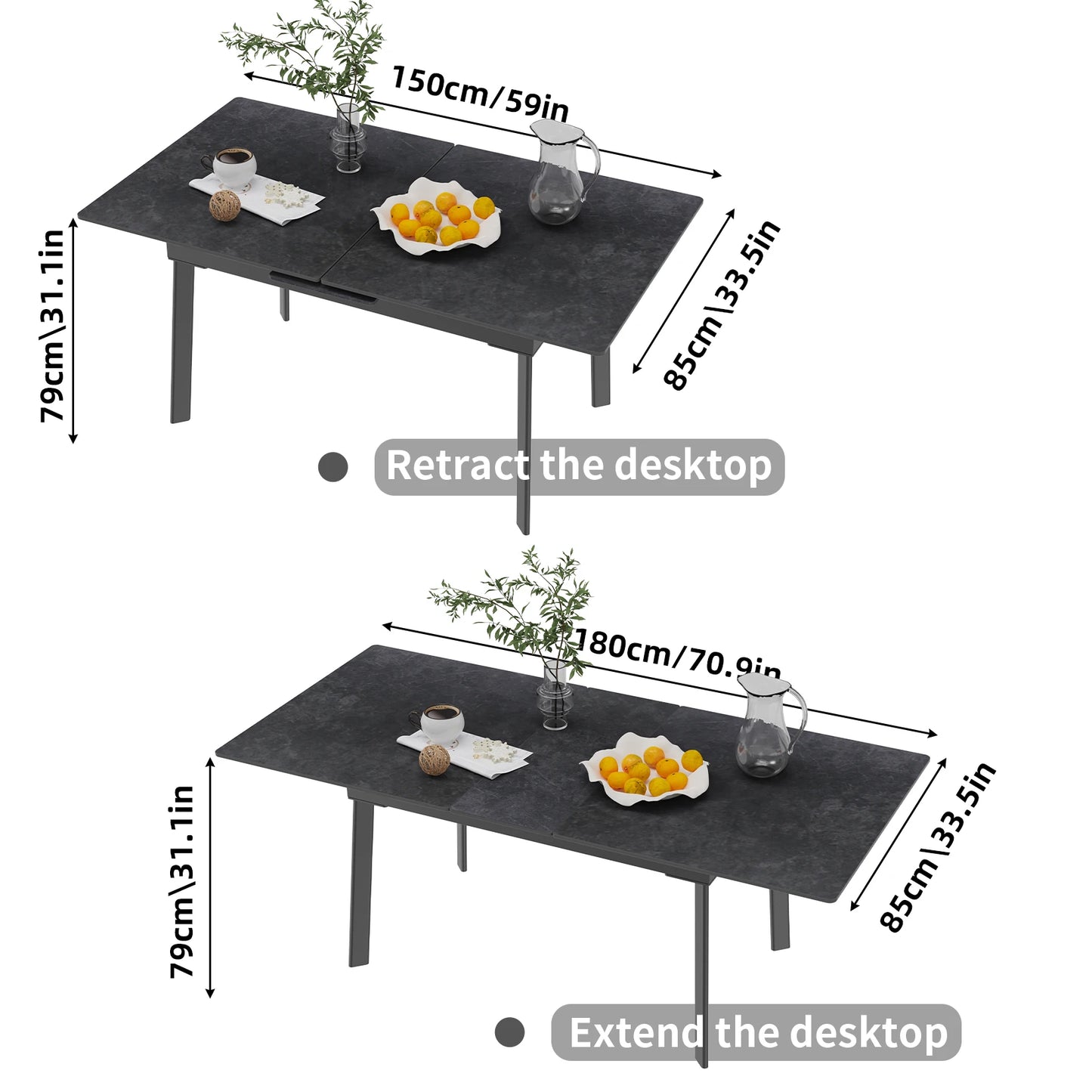 Uitschuiftafel – Eettafel – Uitbreidbare Tafel – Dinertafel – Keukentafel – Sintersteen Tafelblad – Metalen Onderstel – 180 cm – Voor 8-10 Personen